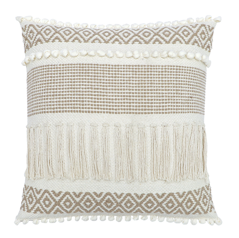 Boho Cushion Cover with Fringes and Diamond Pattern Beige and White