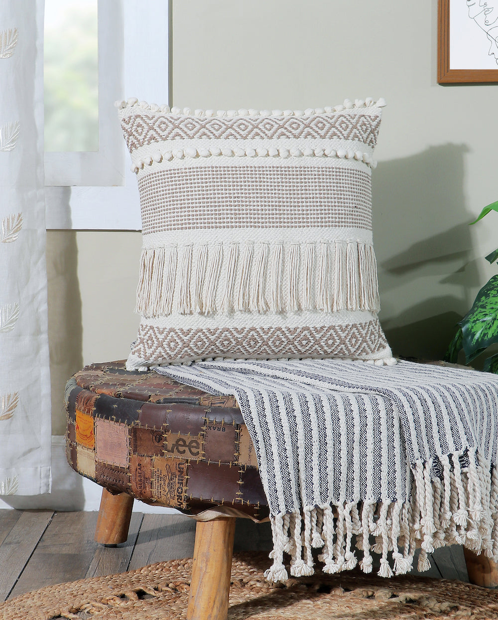 Boho Cushion Cover with Fringes and Diamond Pattern Beige and White