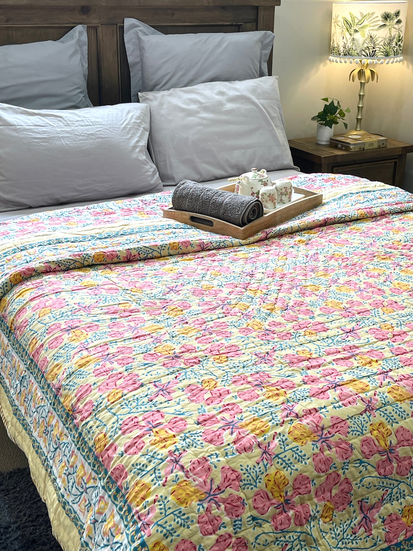 Yellow Pink Floral Cotton Padded Kantha Bedspread Quilt Comforter