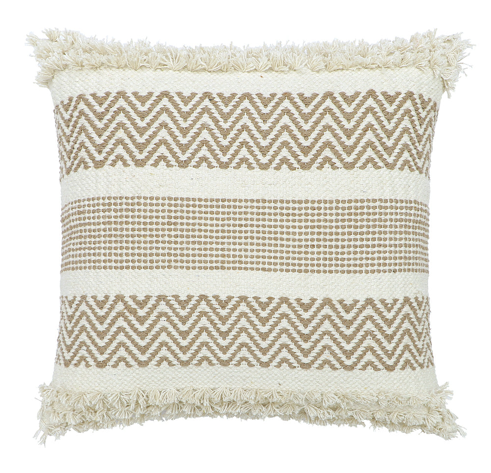 Boho Cushion Cover with Zigzag Pattern and Fringes Beige and White