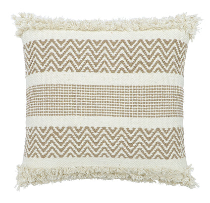 Boho Cushion Cover with Zigzag Pattern and Fringes Beige and White