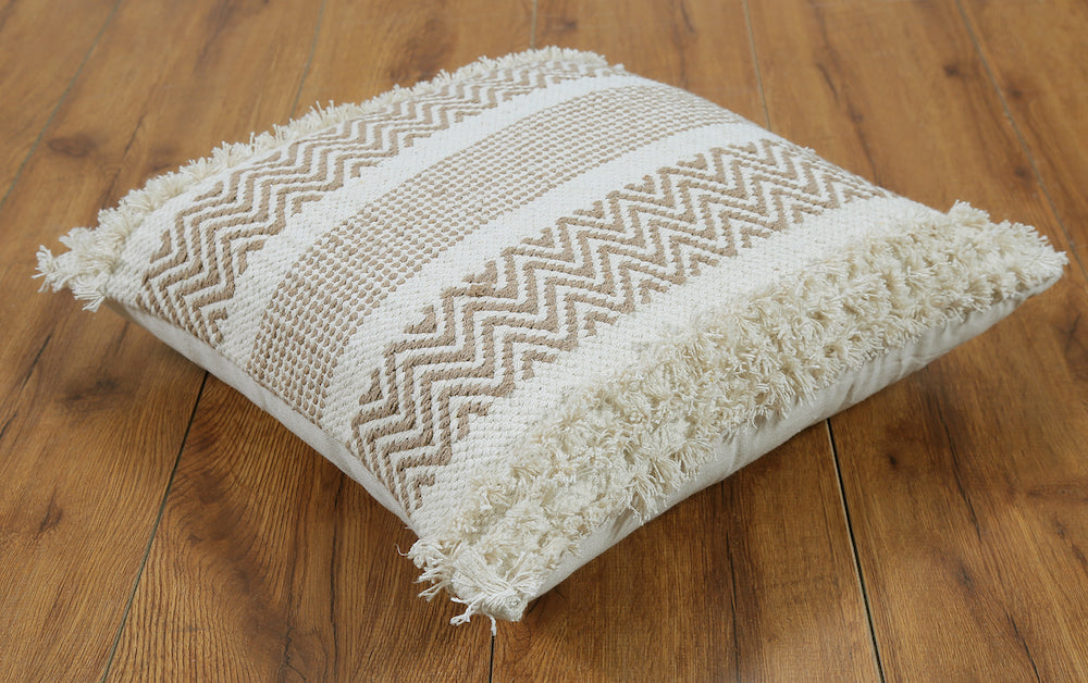 Boho Cushion Cover with Zigzag Pattern and Fringes Beige and White