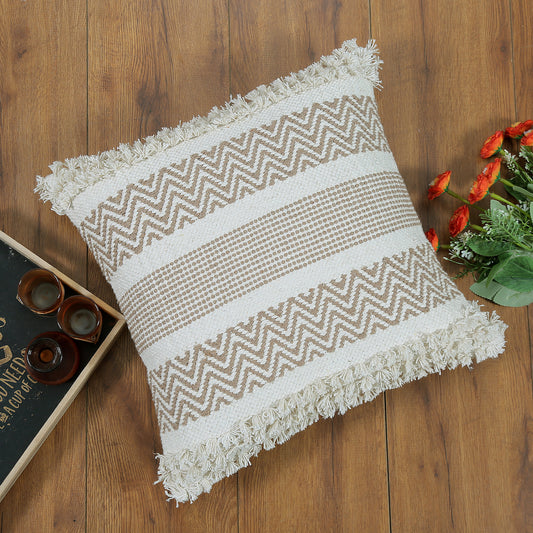 Boho Cushion Cover with Zigzag Pattern and Fringes Beige and White