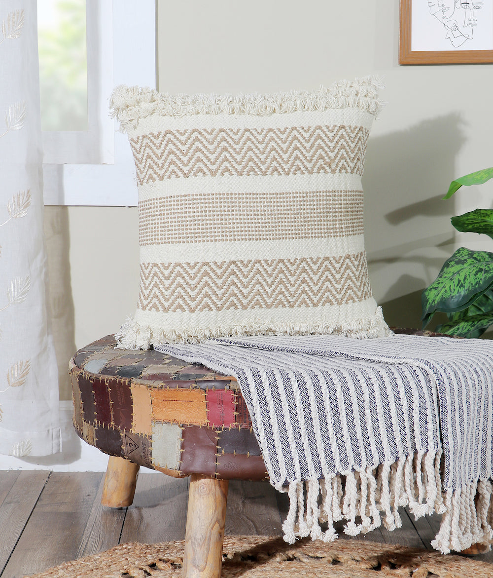 Boho Cushion Cover with Zigzag Pattern and Fringes Beige and White