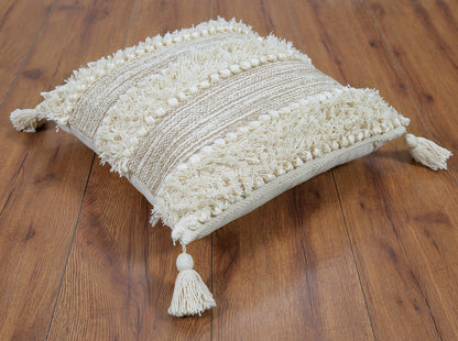 Boho Cushion Cover with Textured Stripes and Tassels Beige and White