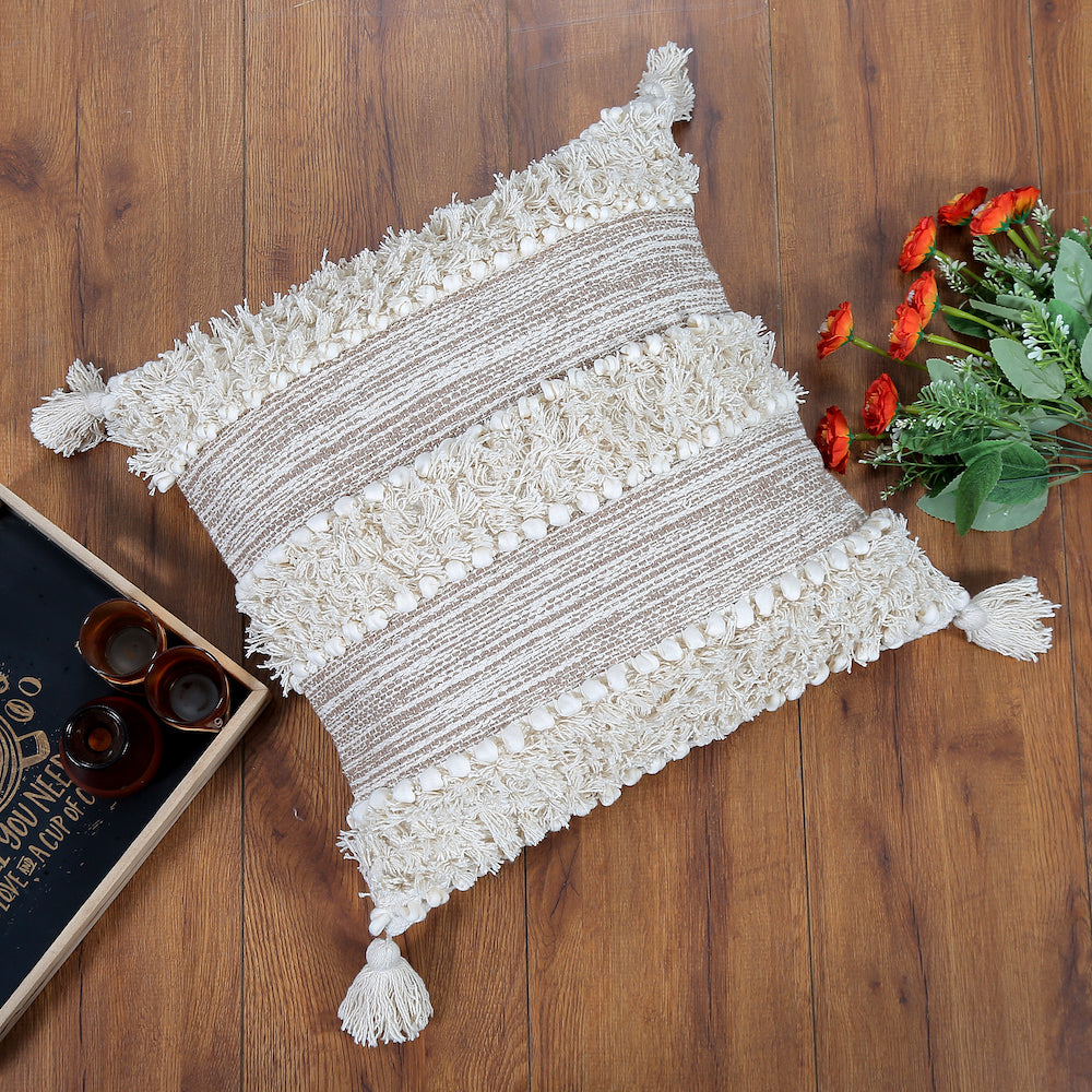 Boho Cushion Cover with Textured Stripes and Tassels Beige and White