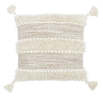 Boho Cushion Cover with Textured Stripes and Tassels Beige and White