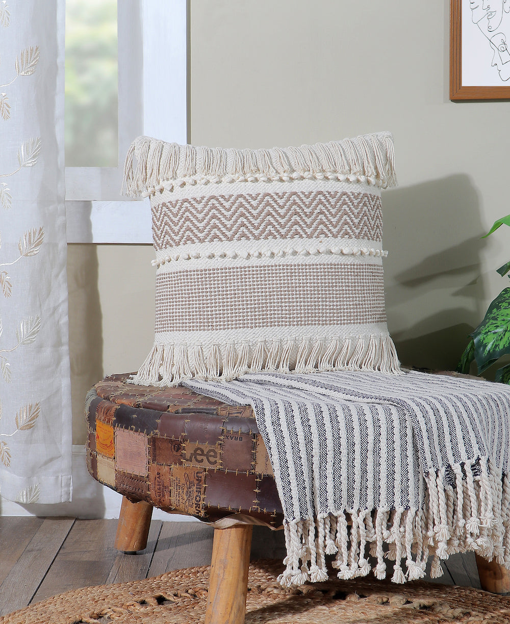 Boho Cushion Cover with Textured Stripes and Tassels Beige and White