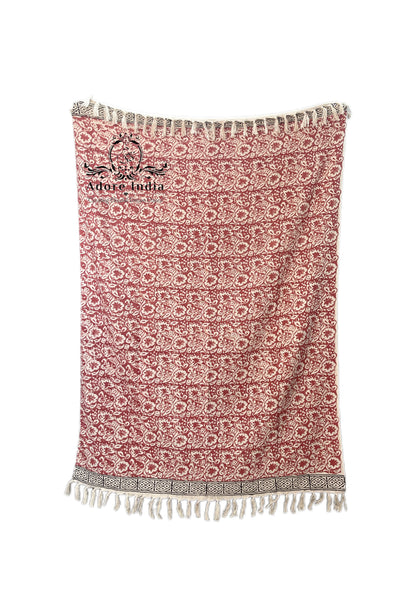 Bohemian Red Floral Hand Block Printed Cotton Bedding Throw Blanket - Adore India   