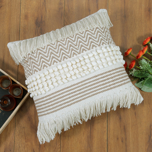 Boho Cushion Cover with Chevron Knotted Pompom and Fringe-Melanie