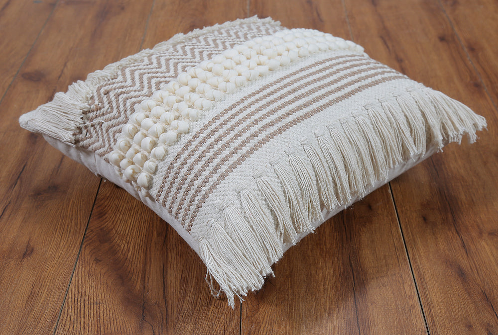 Boho Cushion Cover with Chevron Knotted Pompom and Fringe-Melanie