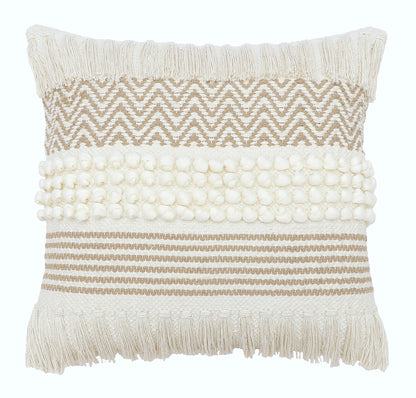 Boho Cushion Cover with Chevron Knotted Pompom and Fringe-Melanie