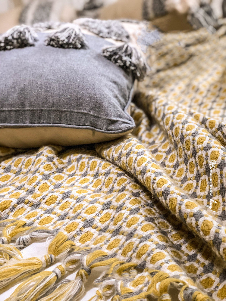 Bohemian Yellow Mustard Tassels Bedding Sofa Couch Throw
