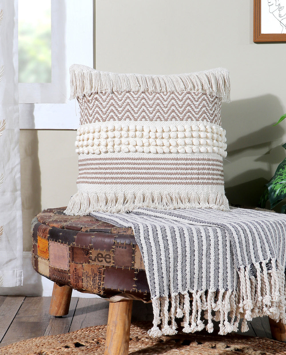 Boho Cushion Cover with Chevron Knotted Pompom and Fringe-Melanie