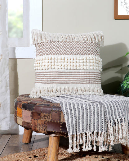 Boho Cushion Cover with Chevron Knotted Pompom and Fringe-Melanie