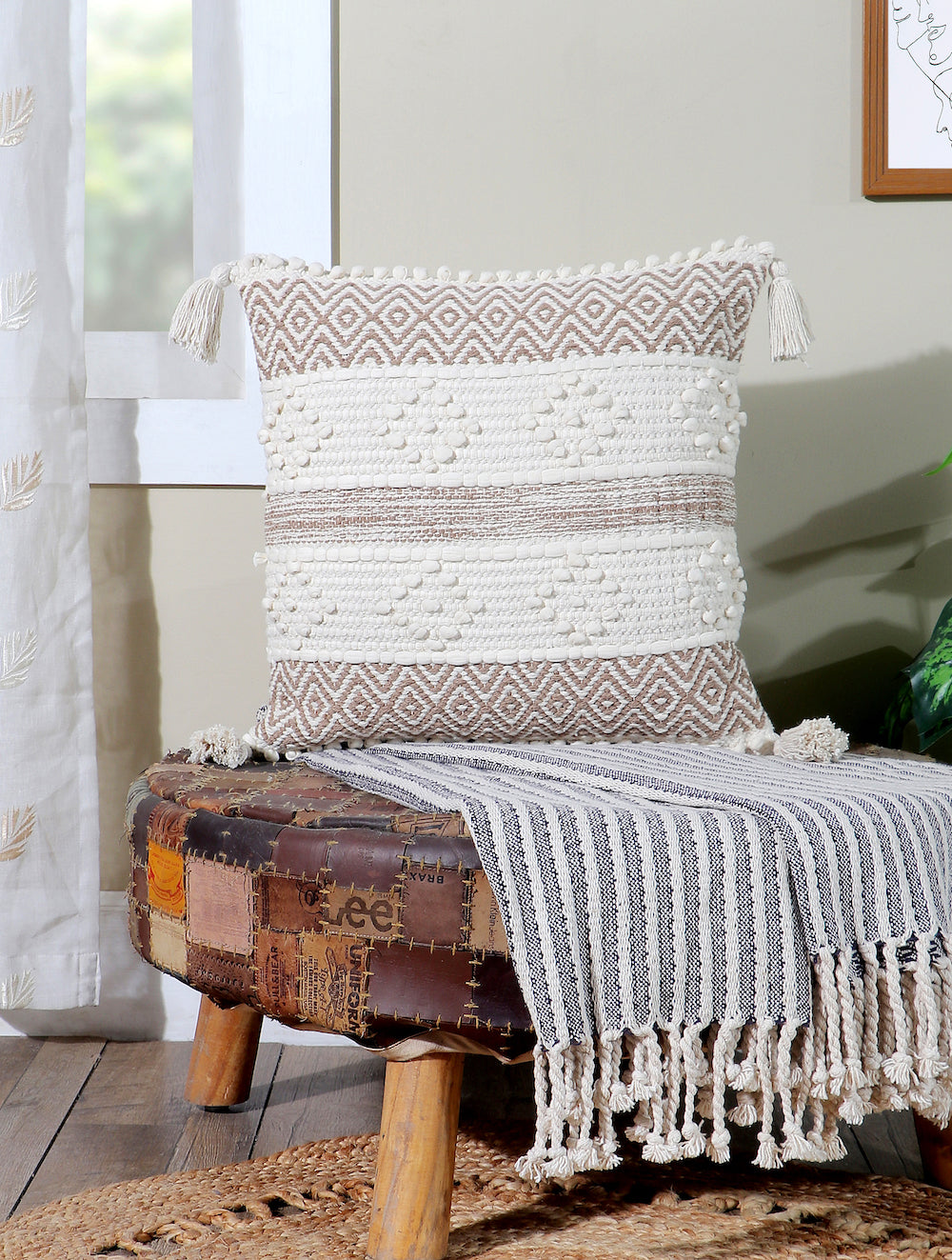 Boho Cushion Cover with Diamond Pattern and Textured Dots Ellie