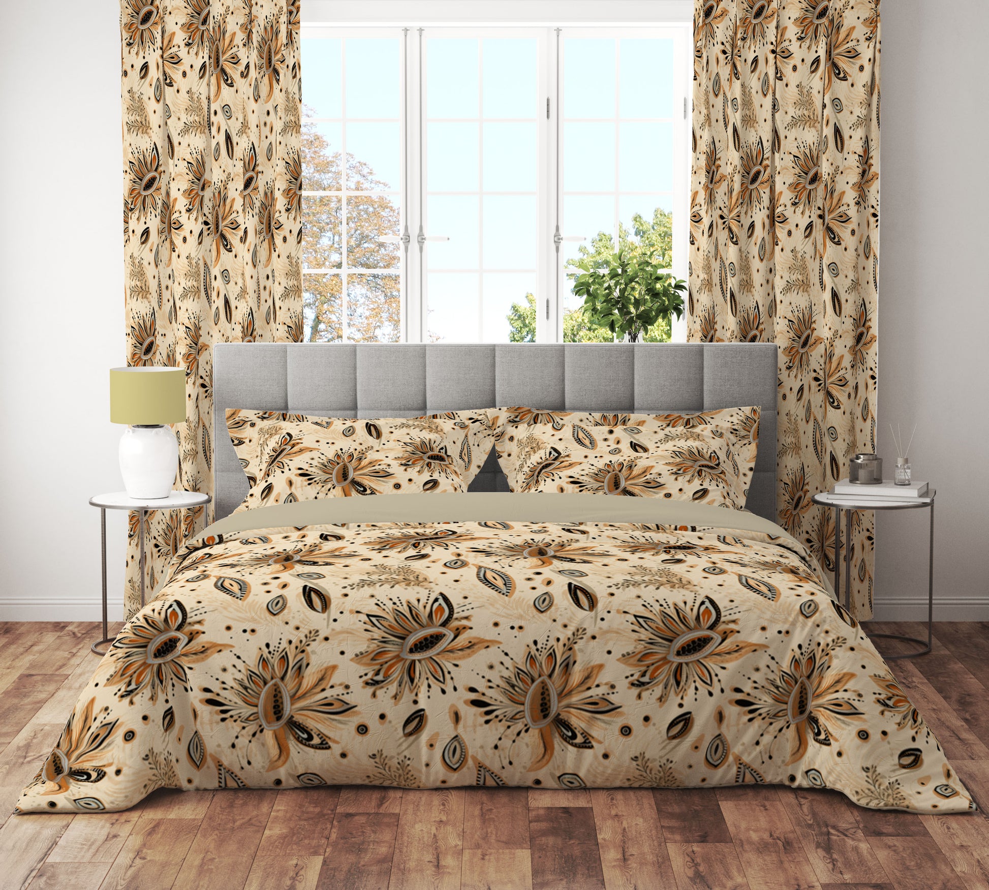 Papaya Leaf Floral Reversible Quilt Cover Set - Adore India   