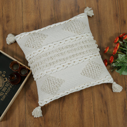 Boho Cushion Cover with Tassels and Diamond Texture Neutral White