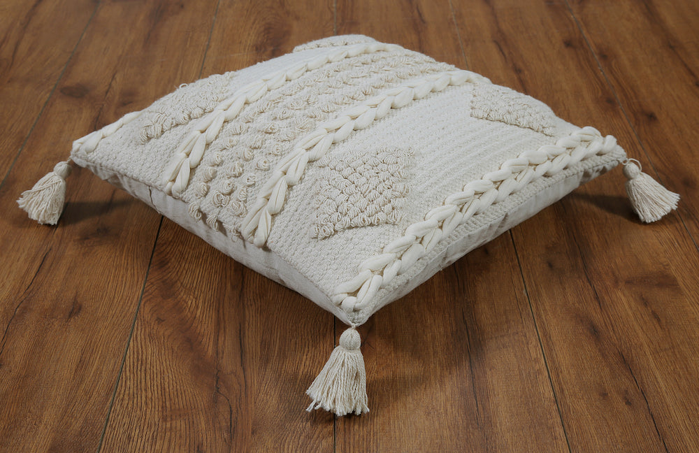 Boho Cushion Cover with Tassels and Diamond Texture Neutral White- Zoe