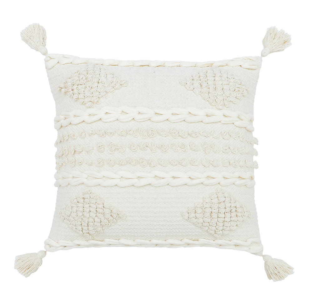 Boho Cushion Cover with Tassels and Diamond Texture Neutral White- Zoe