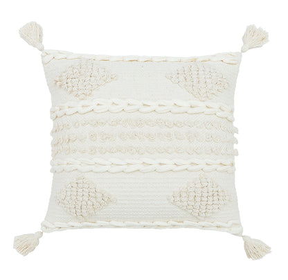 Boho Cushion Cover with Tassels and Diamond Texture Neutral White- Zoe