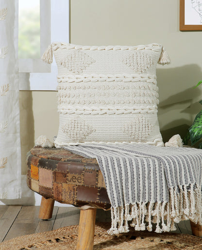 Boho Cushion Cover with Tassels and Diamond Texture Neutral White- Zoe