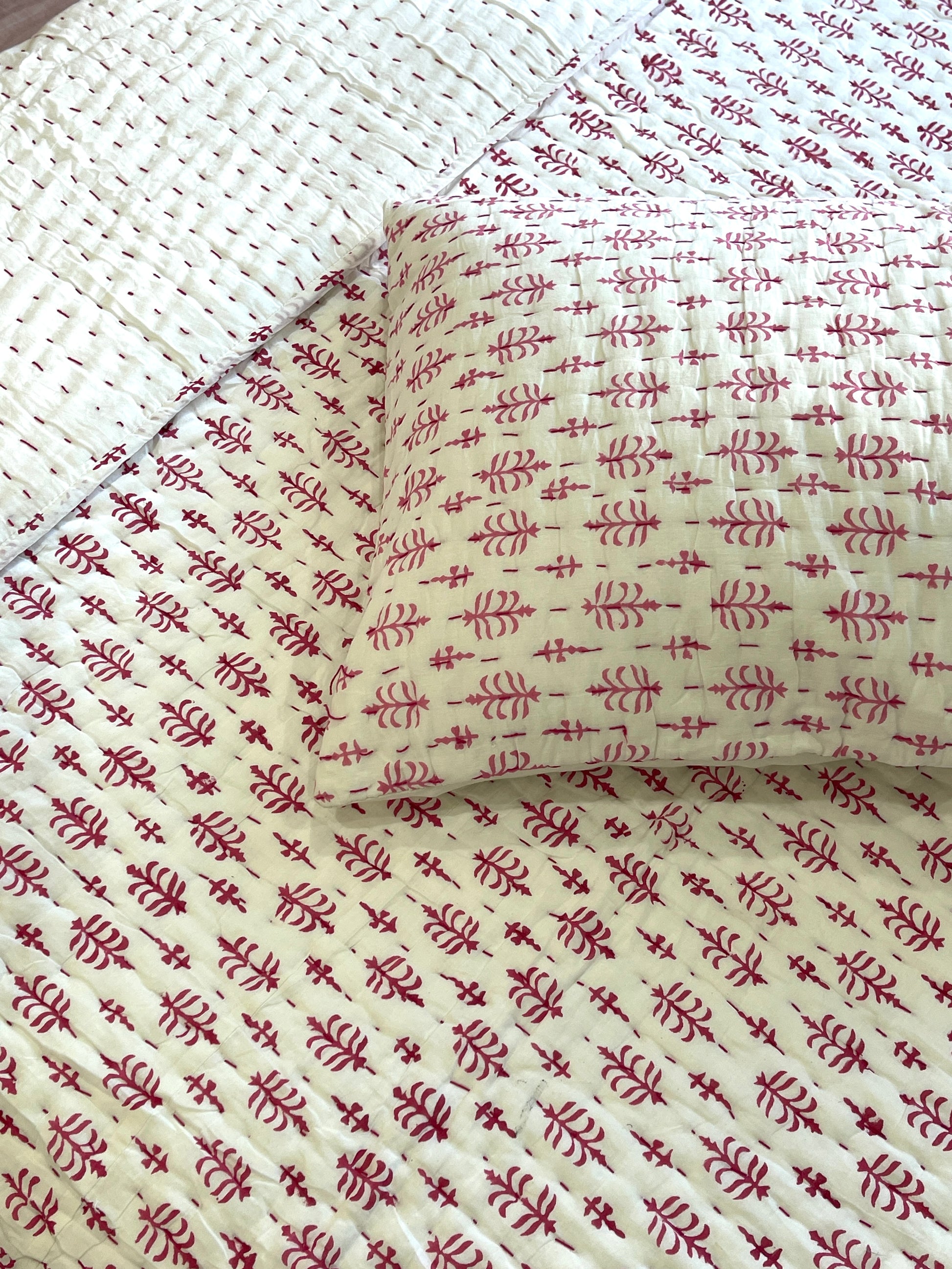 Hand Made Cotton Block Printed Padded Kantha Quilt - Adore India   