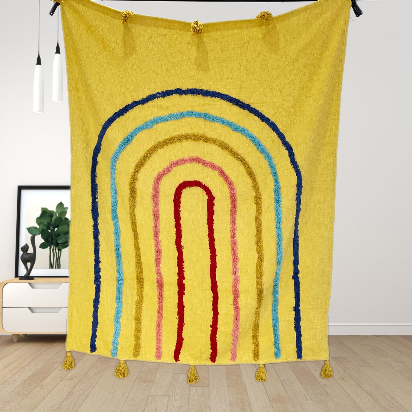 Minimalistic Mustard Rainbow Cotton Tufted Bedding Throw Blanket - Adore India   