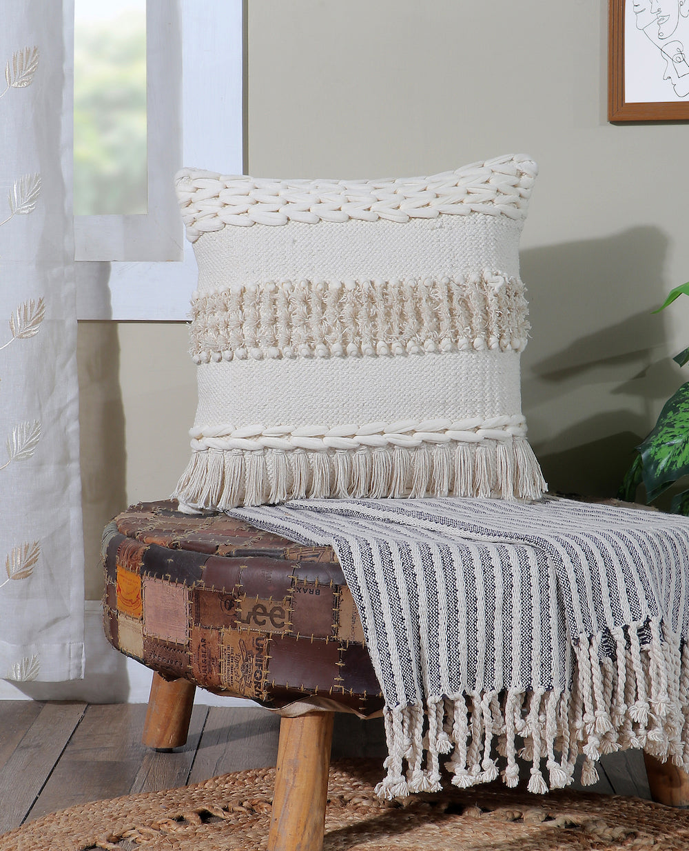 Boho Cushion Cover Natural Beige with Braided Details and Fringe Kylie