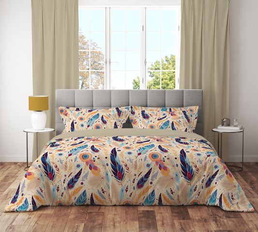 Boho Feather Red Floral Reversible Quilt Cover Set