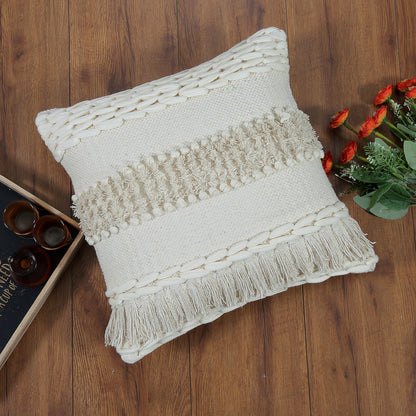 Boho Cushion Cover Natural Beige with Braided Details and Fringe 