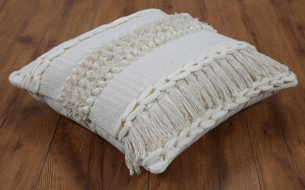 Boho Cushion Cover Natural Beige with Braided Details and Fringe Kylie