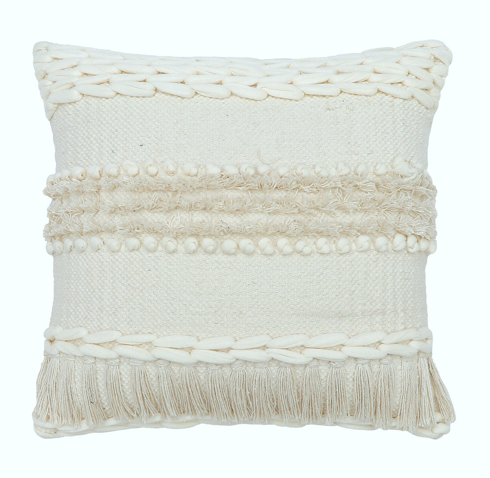 Boho Cushion Cover Natural Beige with Braided Details and Fringe Kylie