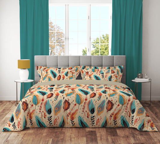 Boho Feather Teal Floral Reversible Quilt Cover Set