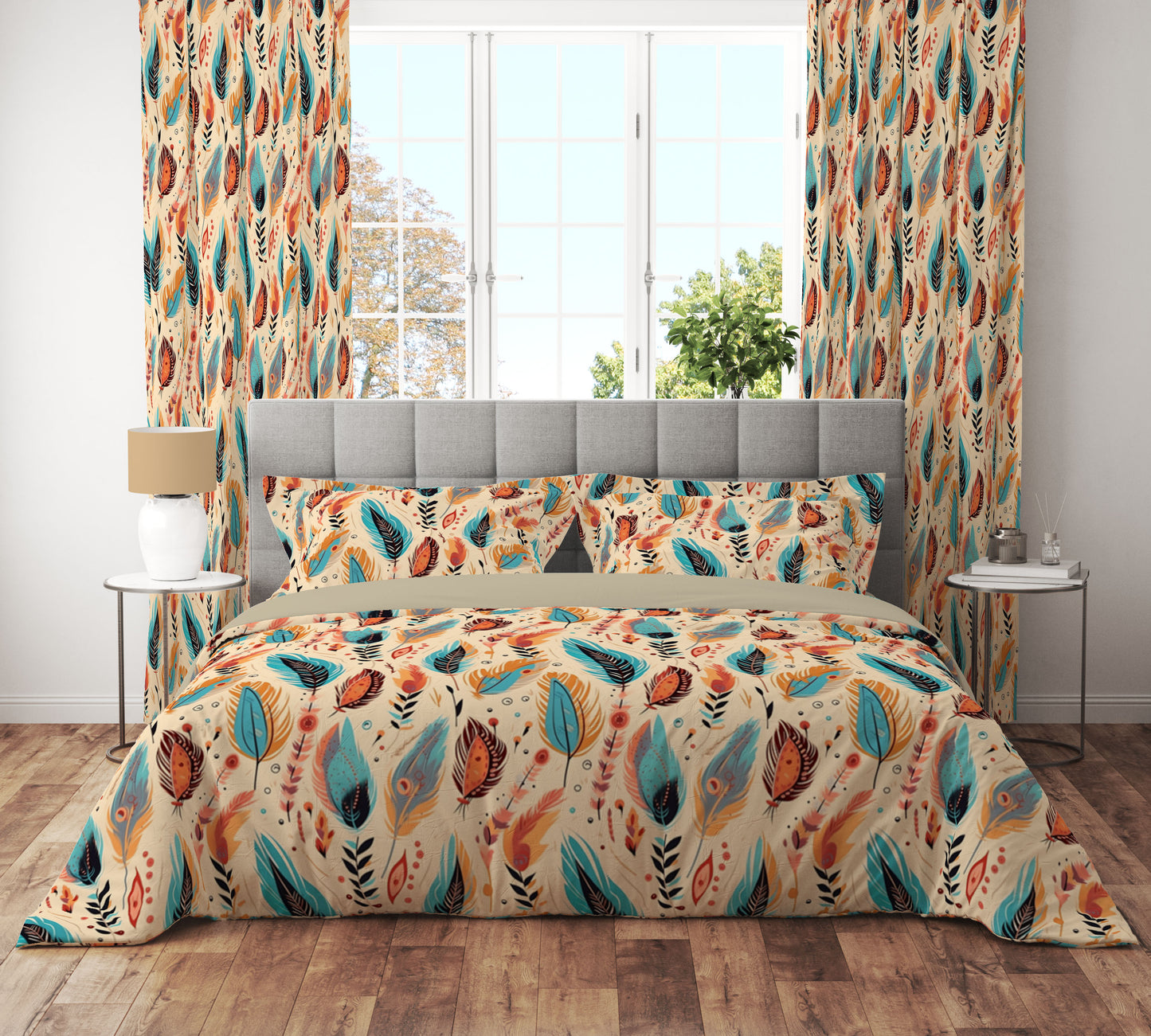 Boho Feather Teal Floral Reversible Quilt Cover Set