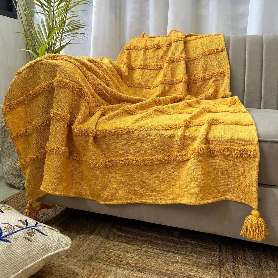 Bohemian Golden Stripe Cotton Bedding Tufted Throw Blanket