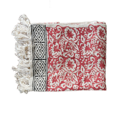 Bohemian Red Floral Hand Block Printed Cotton Bedding Throw Blanket - Adore India   