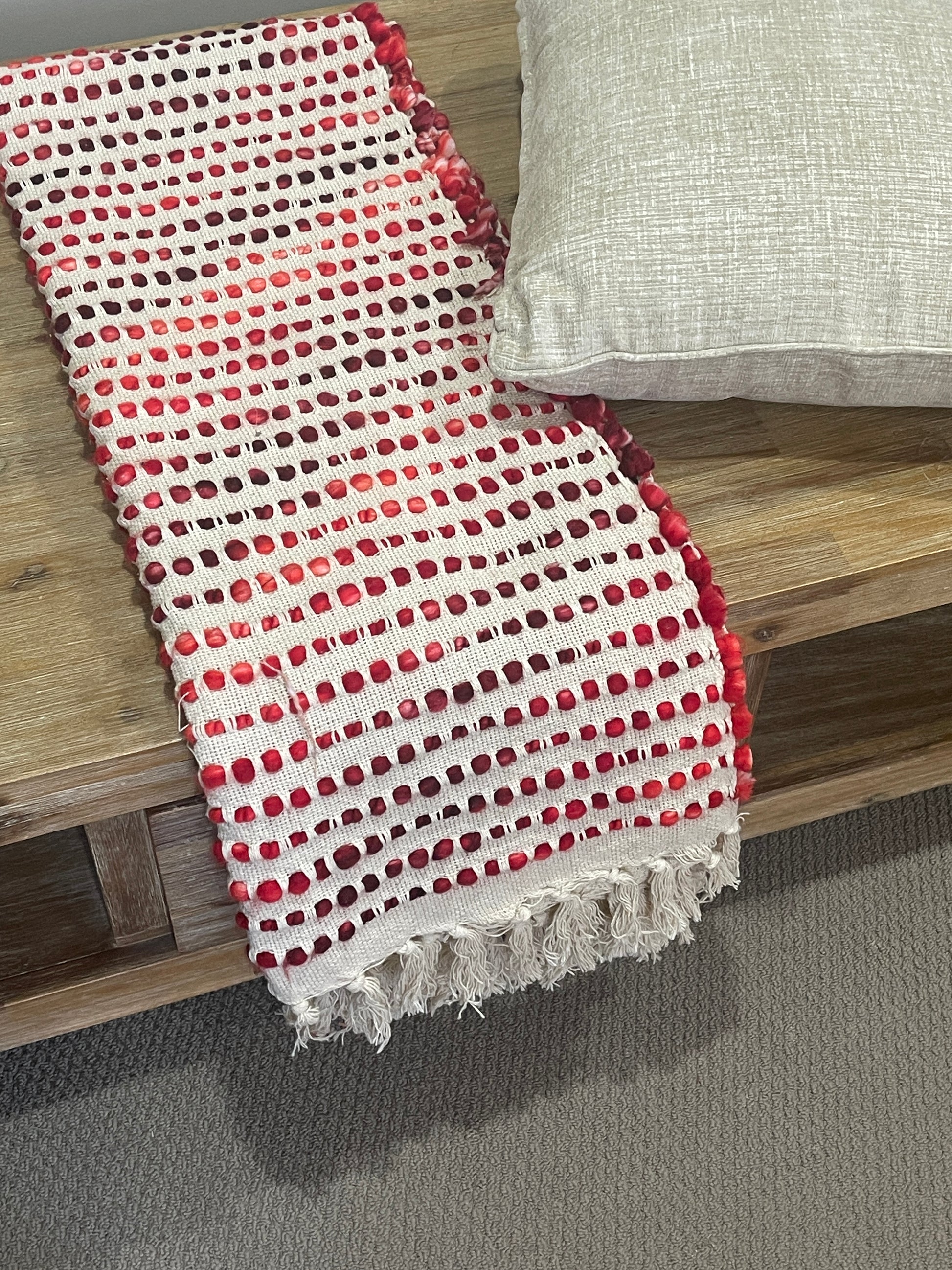 Bohemian Beige Red Stripe Cotton Wool Bedding Tufted Throw Blanket - Adore India   