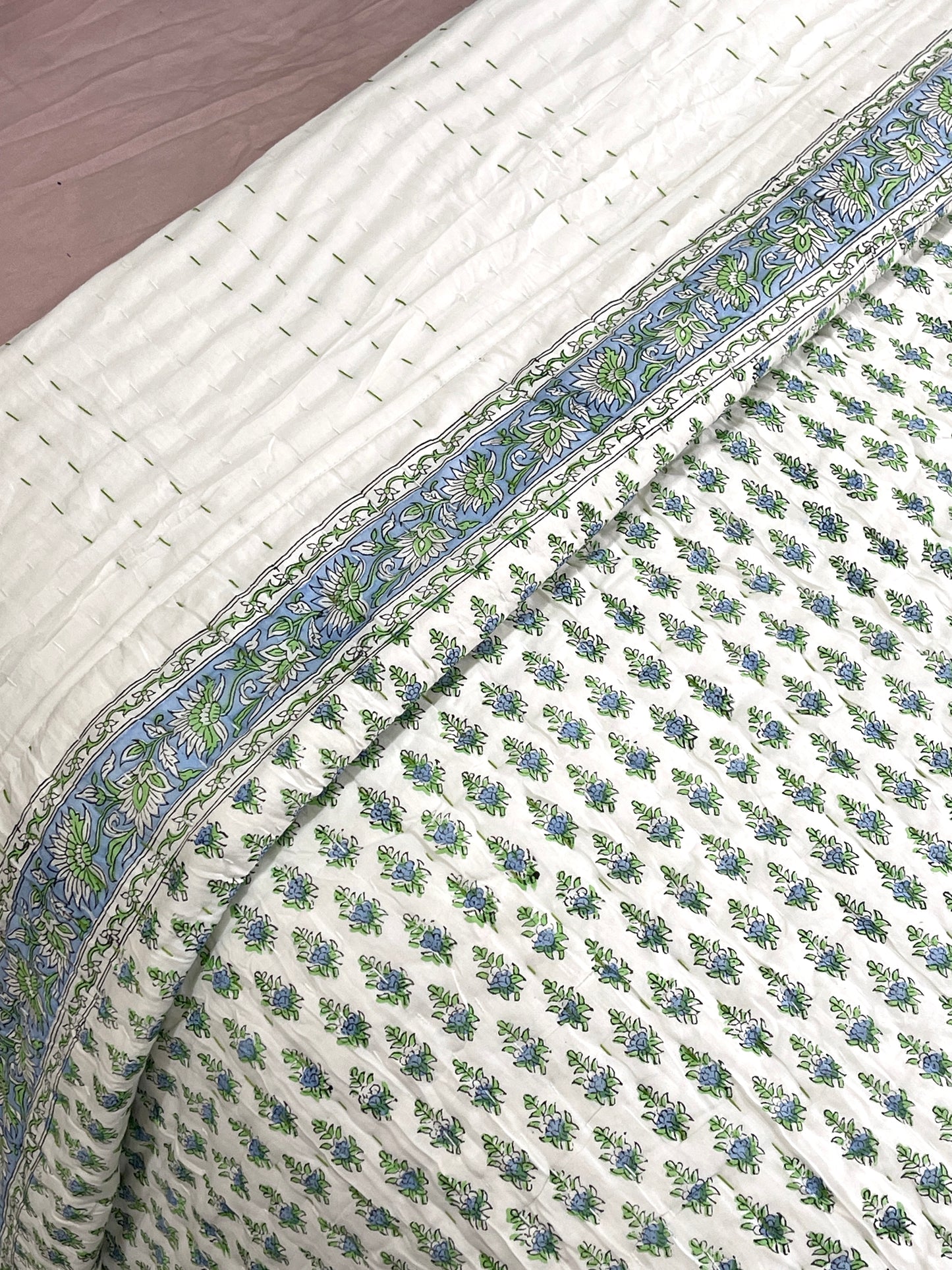 Hand Made Cotton Block Printed Padded Kantha Quilt - Adore India   