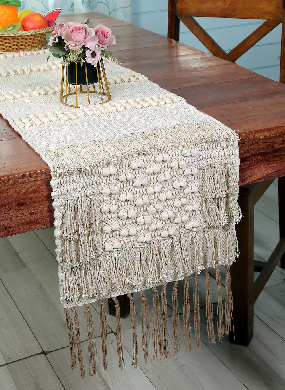 Celeste Cotton Boho Table Runner  Neutral Color for Modern & Rustic Decor