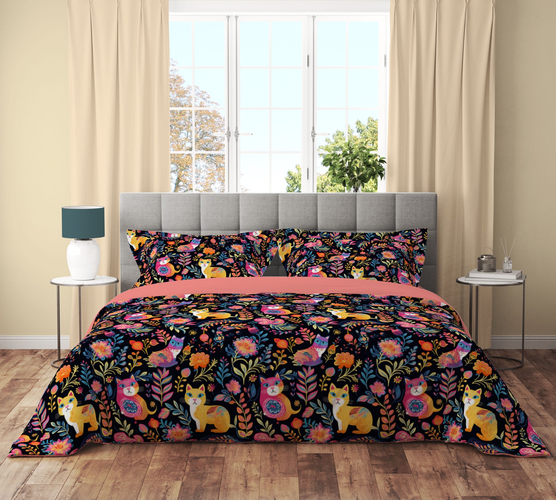 Cat Floral Leaf Petal Bohemian Colourful Quilt Cover Set - Adore India   