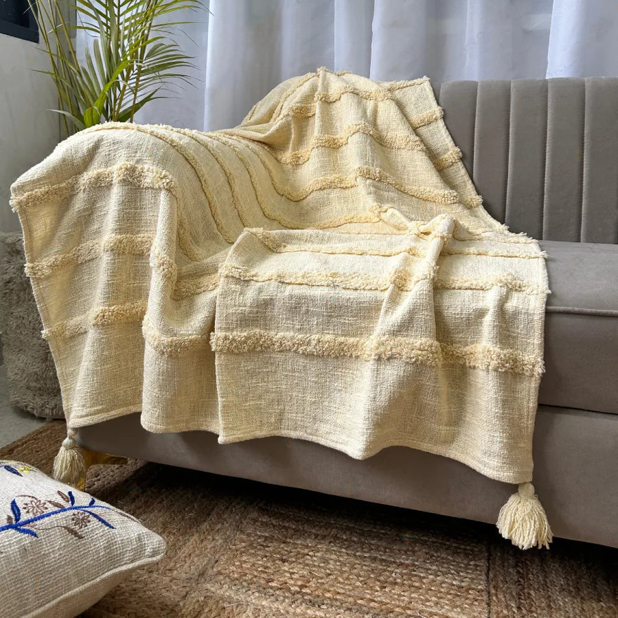 Bohemian Cream Stripe Cotton Bedding Tufted Throw Blanket