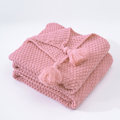 Pink Nordic Solid Colour Tassel Knitted Blanket Throw