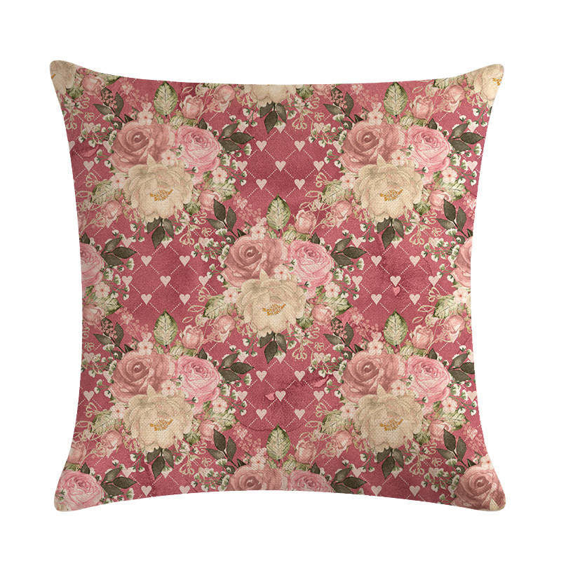 Pink Retro Floral Cushion Cover Cotton Linen Pillowcase - Adore India   