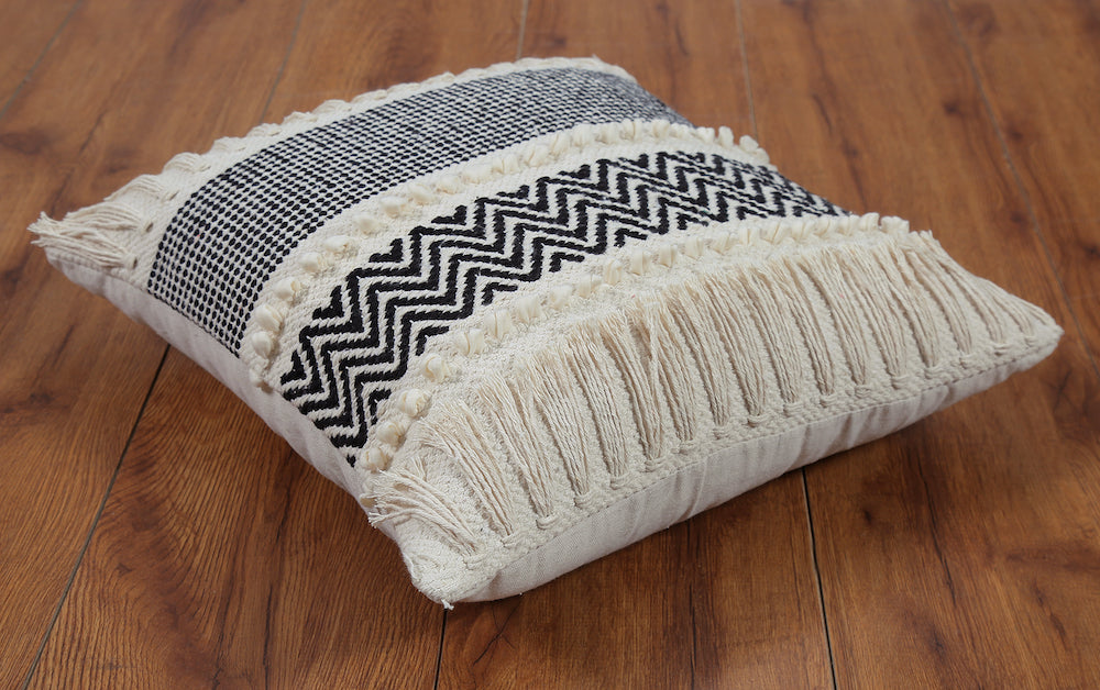 Boho Cushion Cover with Fringe Detailing Black and White Chevron Design