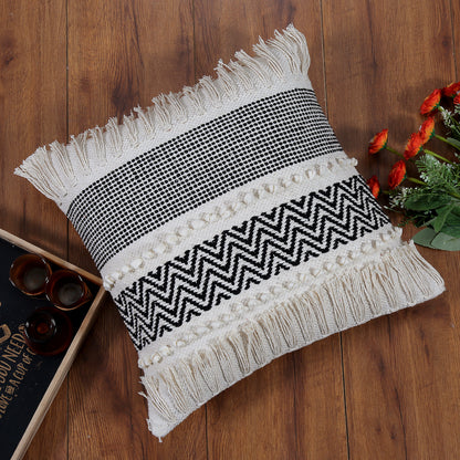 Boho Cushion Cover with Fringe Detailing Black and White Chevron Design