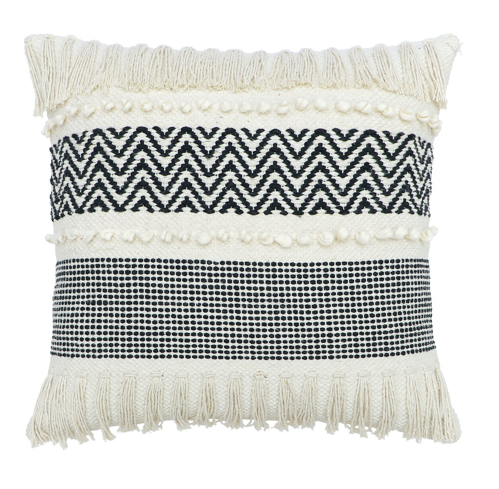 Boho Cushion Cover with Fringe Detailing Black and White Chevron Design