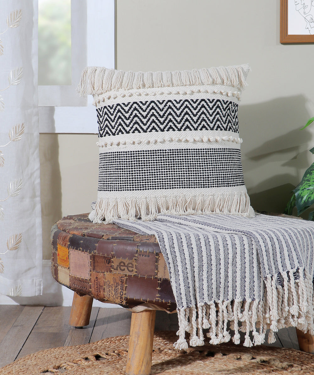 Boho Cushion Cover with Fringe Detailing Black and White Chevron Design