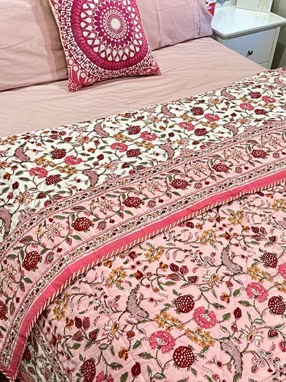 Fruity Pink Floral Cotton Padded Kantha Bedspread Quilt Comforter - Adore India   