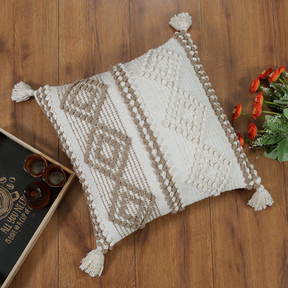 Neutral Boho Cushion Cover with Tassels Beige and White Textured Design